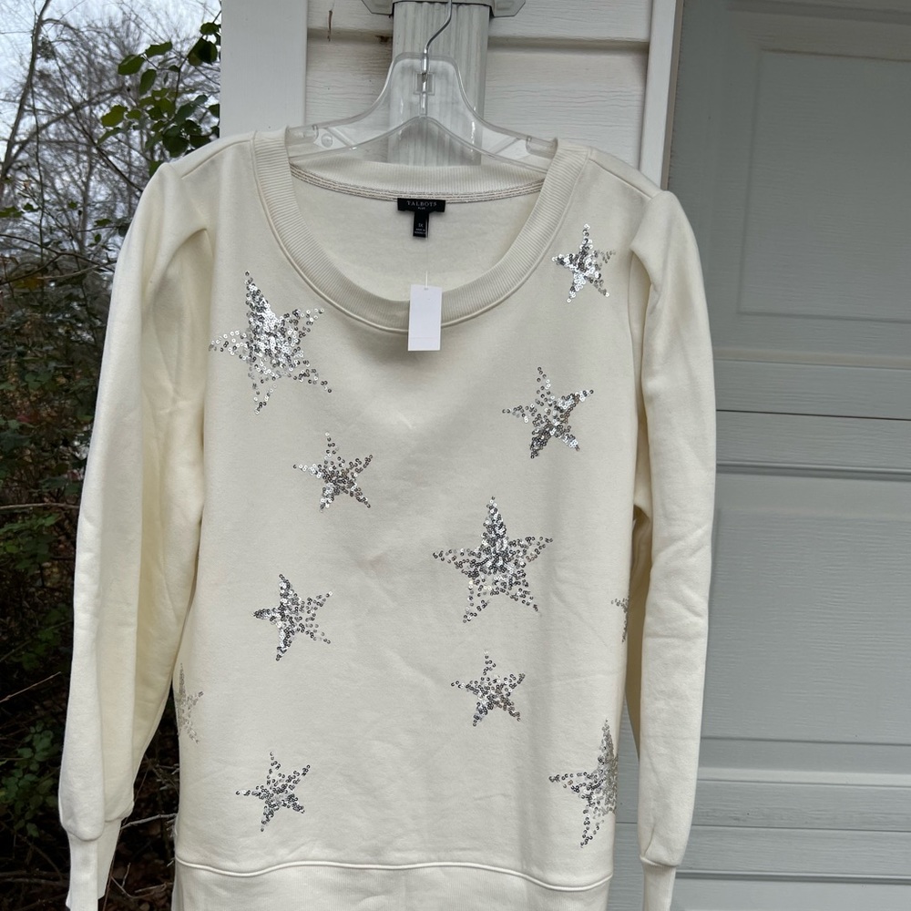 NWT Talbots Fun Cream Sequin Stars Ssoft Inside Sweatshirt